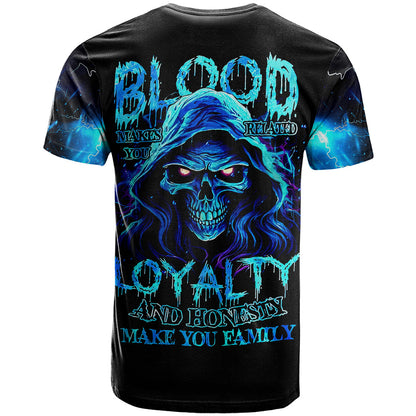 Blue Flame Skull T-Shirt Blood Make You Related Graphic Tee