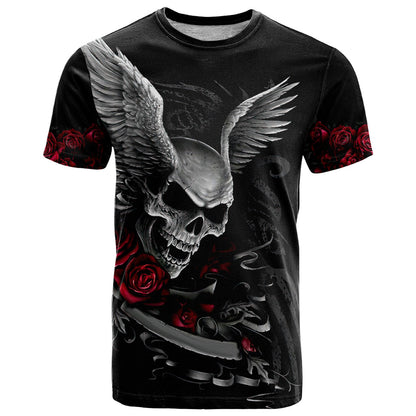 Wings Rose Skull T-Shirt Romantic Rose Skull Wings Graphic Tee