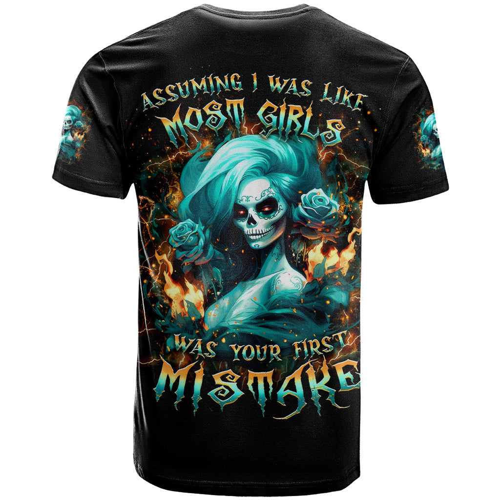 Flame Girl Skull T-Shirt Assuming I Was Like Most Girls Was Your First Mistake Graphic Tee