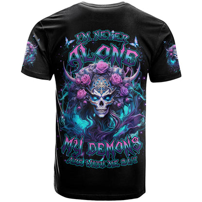 Rose Skull T-Shirt I'm Never Alone My Demons Are With Me 24/7 Graphic Tee