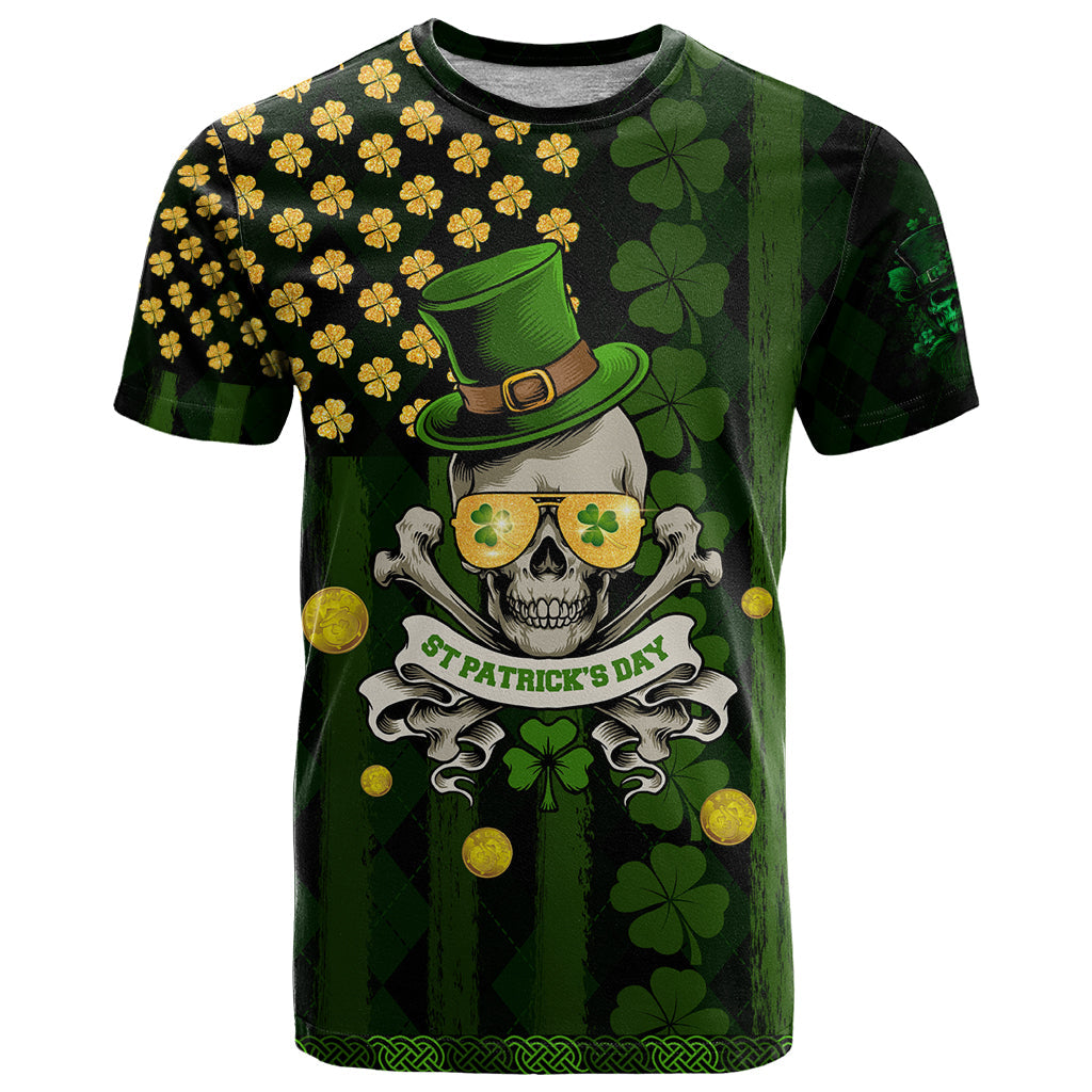St Patrick's Day Skull T-Shirt American Flag Shamrock Graphic Tee
