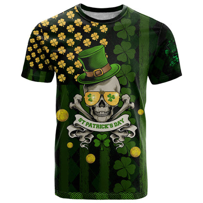 St Patrick's Day Skull T-Shirt American Flag Shamrock Graphic Tee