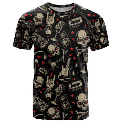 Rock And Roll Skull Pattern Design T-Shirt Graphic Tee