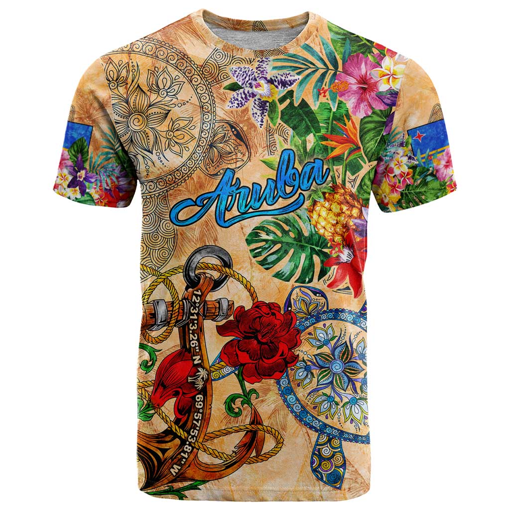 Aruba T-Shirt Geographic Coordinate Anchor - Turlte Tropical Graphic Tee