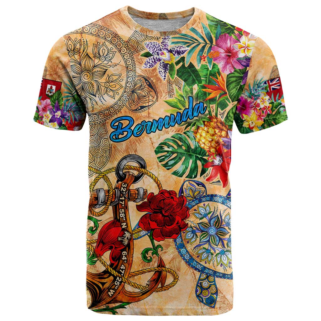 Bermuda T-Shirt Geographic Coordinate Anchor - Turlte Tropical Graphic Tee