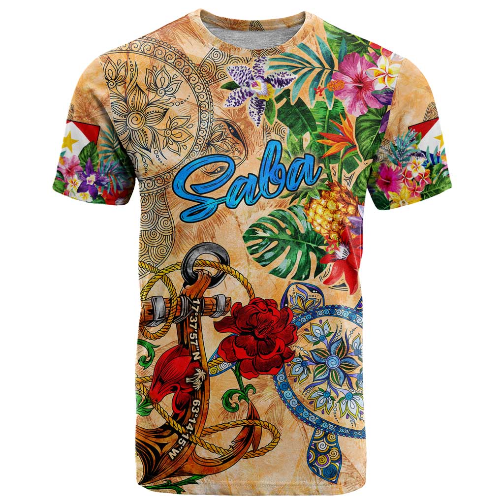 Saba T-Shirt Geographic Coordinate Anchor - Turlte Tropical Graphic Tee