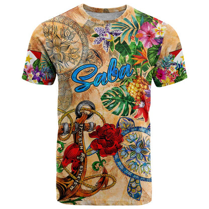 Saba T-Shirt Geographic Coordinate Anchor - Turlte Tropical Graphic Tee
