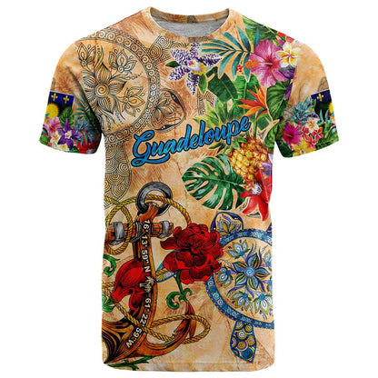 Guadeloupe T-Shirt Geographic Coordinate Anchor - Turlte Tropical Graphic Tee