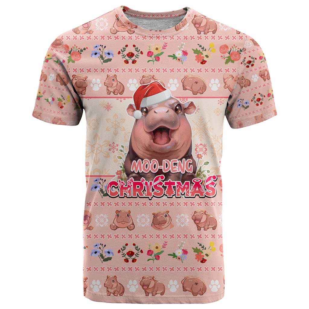 Moodeng Christmas T-Shirt Cute Hippo Holiday with Pastel Floral Festive Vibes Graphic Tee