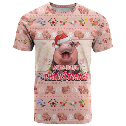 Moodeng Christmas T-Shirt Cute Hippo Holiday with Pastel Floral Festive Vibes Graphic Tee