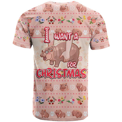 Moodeng Christmas T-Shirt Cute Hippo Holiday with Pastel Floral Festive Vibes Graphic Tee