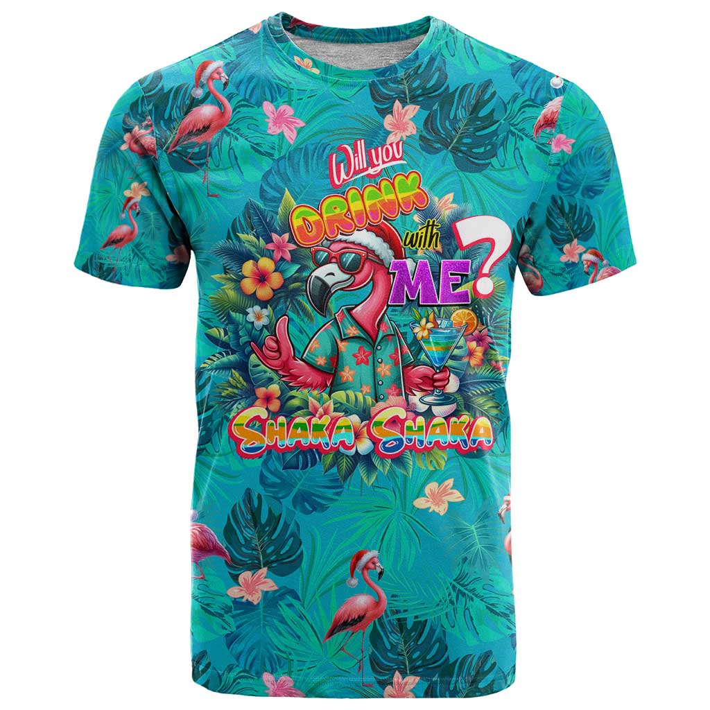 Tropical Flamingo Christmas T-Shirt Shaka Shaka Will You Drink With Me Graphic Tee