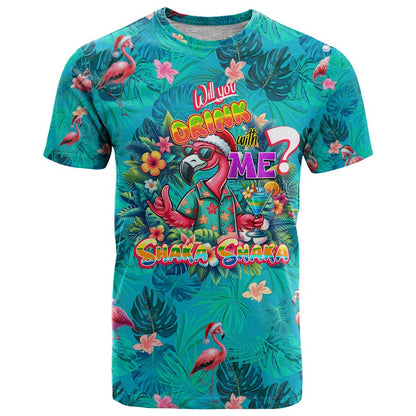 Tropical Flamingo Christmas T-Shirt Shaka Shaka Will You Drink With Me Graphic Tee