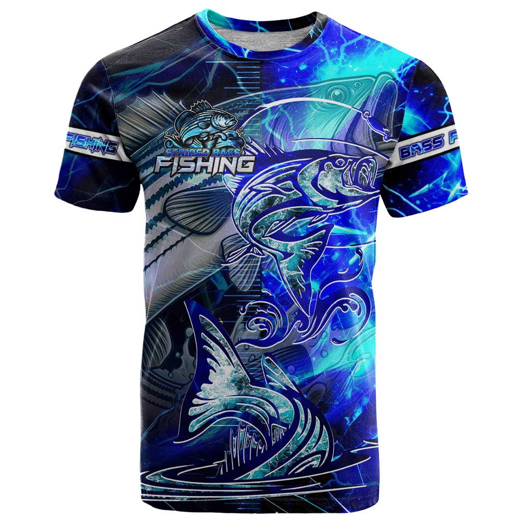 Blue Lightning Striped Bass T-Shirt Power Surge Fishing Hook Electric Print Graphic Tee