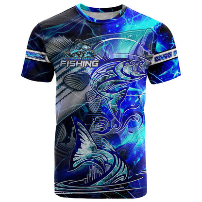 Blue Lightning Striped Bass T-Shirt Power Surge Fishing Hook Electric Print Graphic Tee
