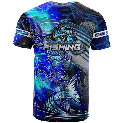 Blue Lightning Striped Bass T-Shirt Power Surge Fishing Hook Electric Print Graphic Tee