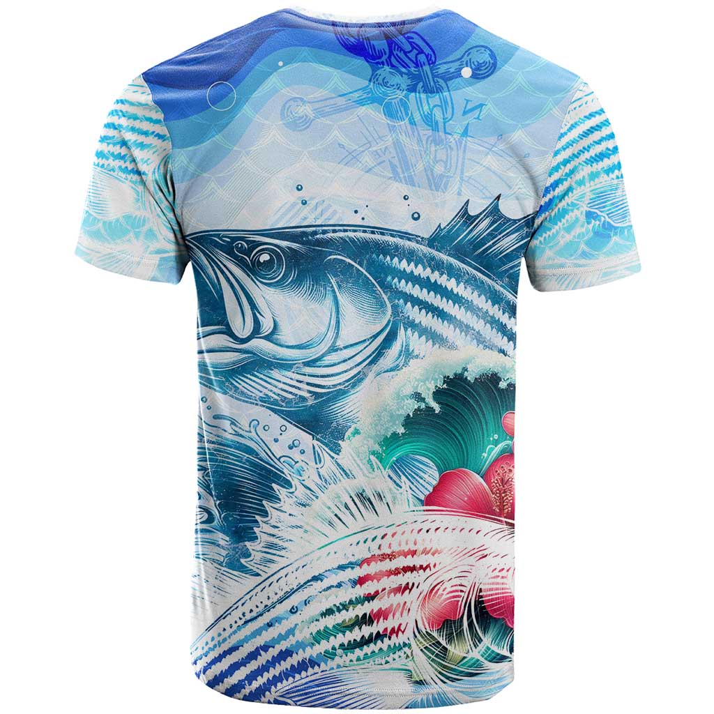 Striped Bass Whisperer T-Shirt Tropical Wave Fishing Design Graphic Tee