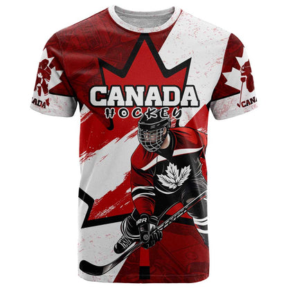 Personalized Canada Hockey Warrior T-Shirt Bold Maple Leaf Sports Art Graphic Tee