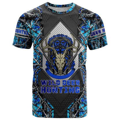 Wild Deer Hunting T-Shirt Skull Blue Art Graphic Tee