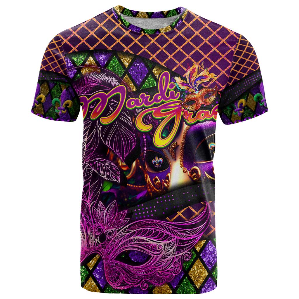 Happy Mardi Gras T-Shirt Mask Feather Colorfull Graphic Tee