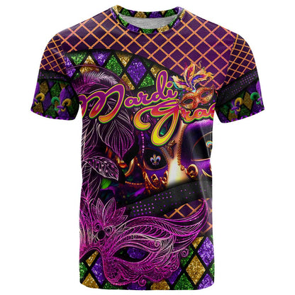 Happy Mardi Gras T-Shirt Mask Feather Colorfull Graphic Tee