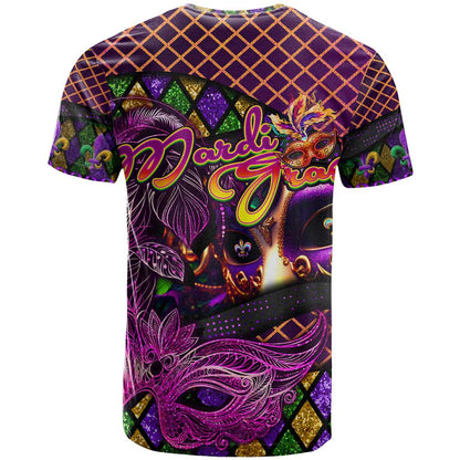 Happy Mardi Gras T-Shirt Mask Feather Colorfull Graphic Tee