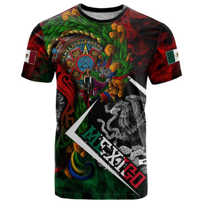 Mexico Quetzalcoatl Aztec Calendar T-Shirt Tribal Warrior Art with Eagle and Serpent Graphic Tee
