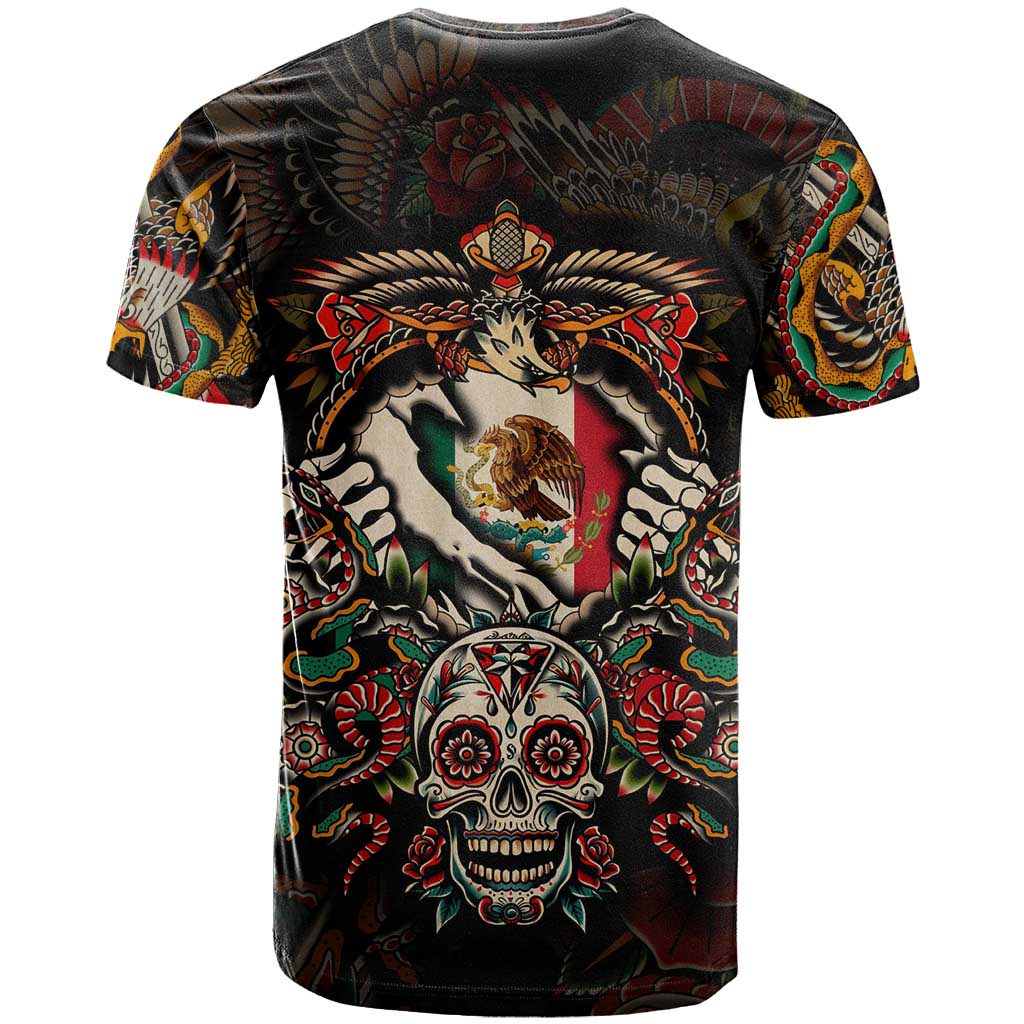 Mexico Sugar Skull T-Shirt Tattoo Art Mexican Flag Graphic Tee
