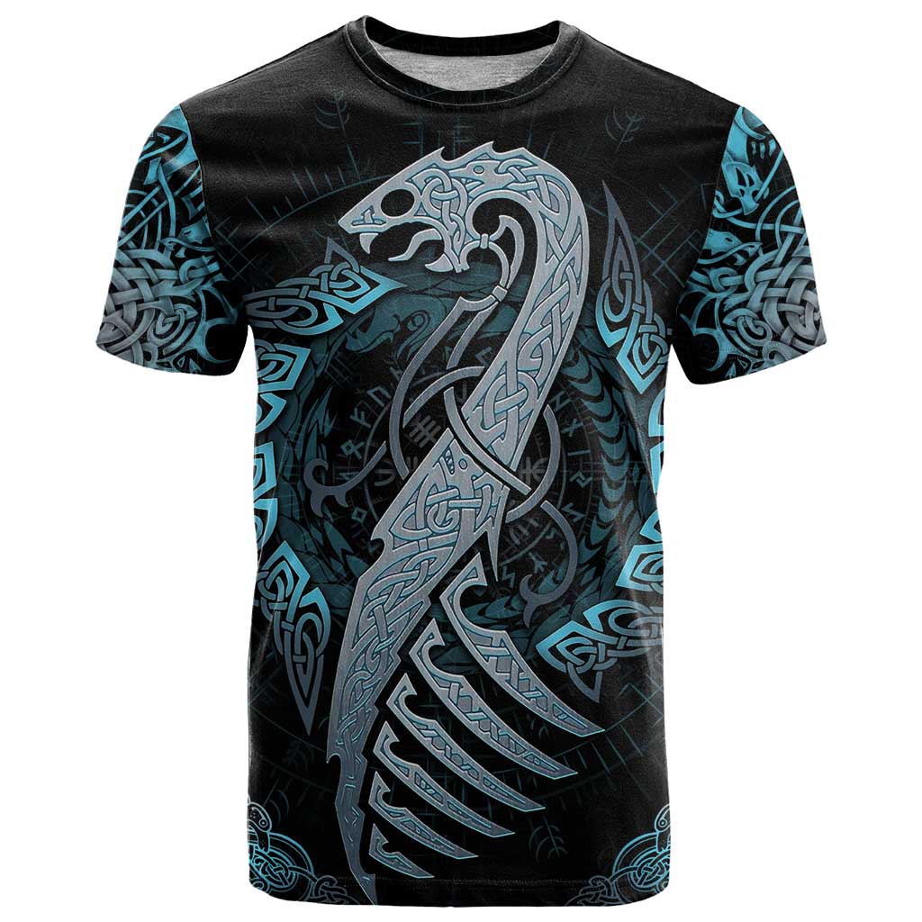 Dragon Viking With Runes T-Shirt Blue Black Graphic Tee