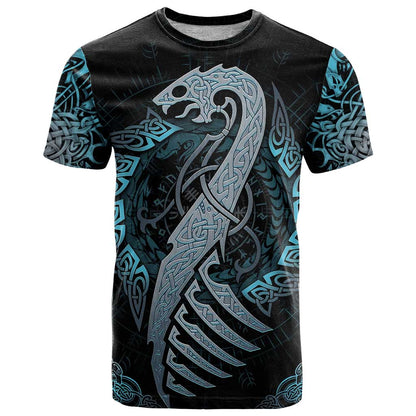 Dragon Viking With Runes T-Shirt Blue Black Graphic Tee