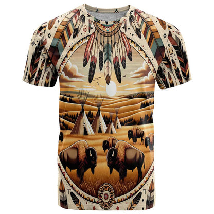 Native American Life T-Shirt Teepee Village With Buffalo Bison Graphic Tee