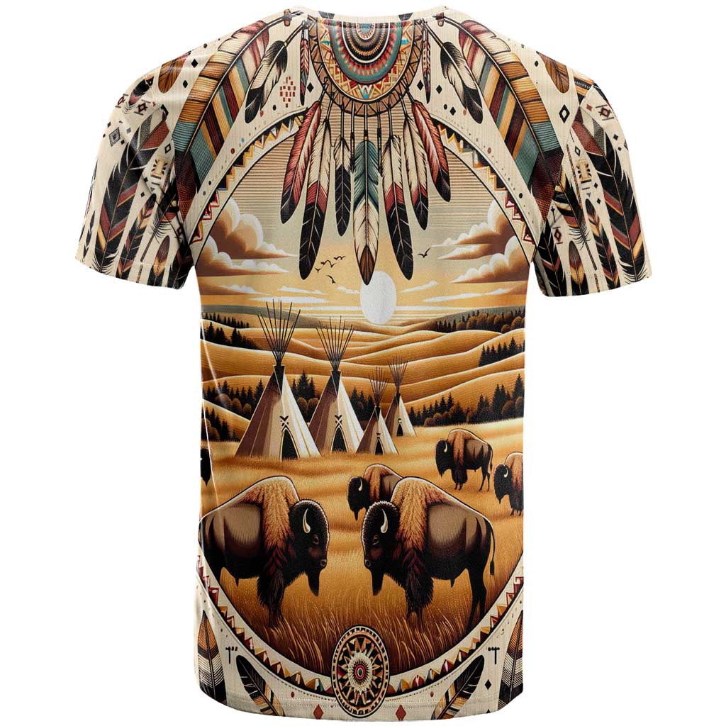 Native American Life T-Shirt Teepee Village With Buffalo Bison Graphic Tee