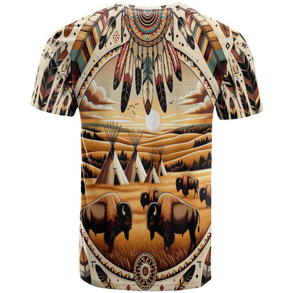 Native American Life T-Shirt Teepee Village With Buffalo Bison Graphic Tee