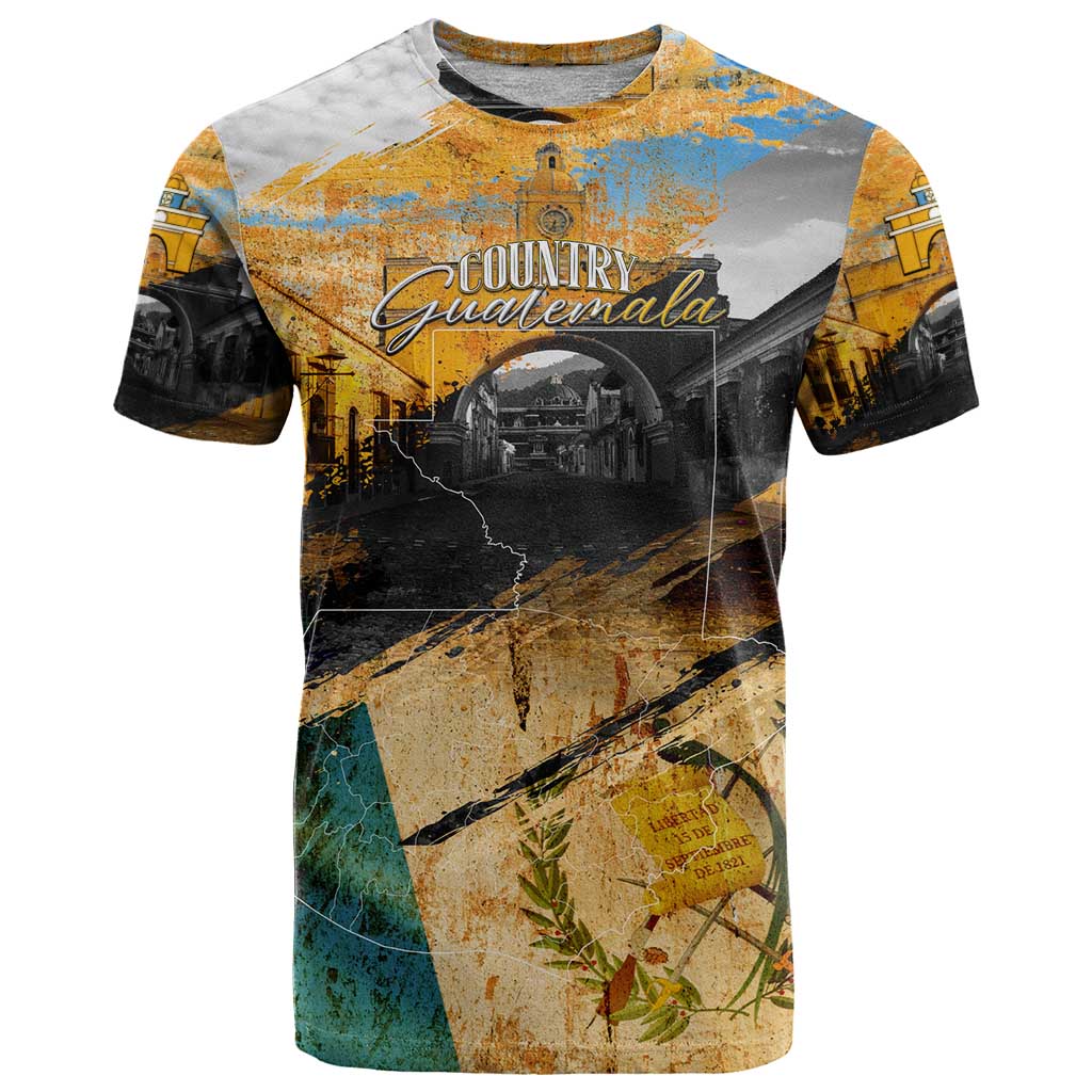 Guatemala Country Pride T-Shirt Grunge Map Art with National Landmark Flag Texture Graphic Tee