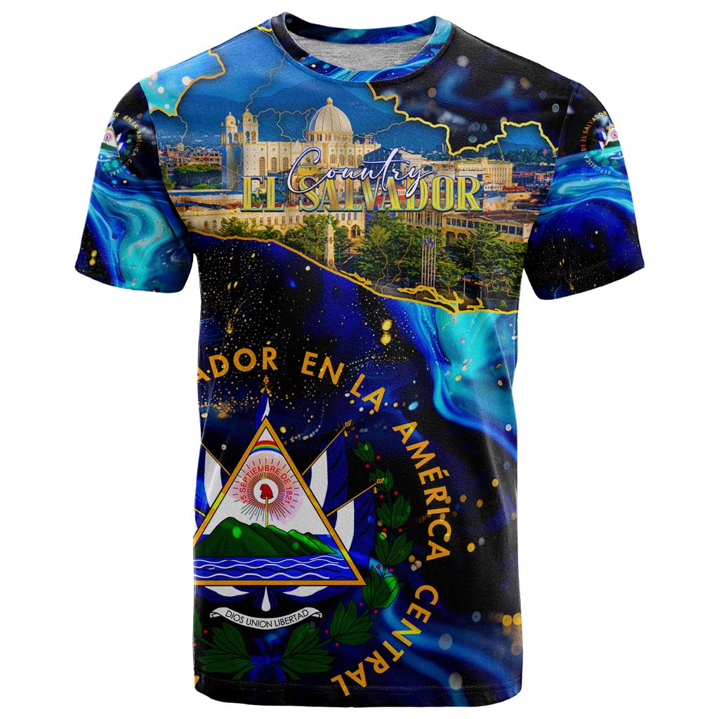 El Salvador Country Pride T-Shirt Map Flag and National Emblem Art in Cosmic Blue Graphic Tee