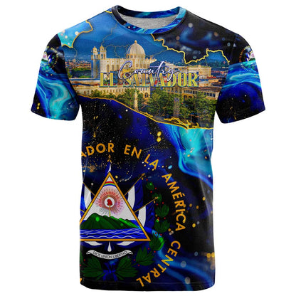 El Salvador Country Pride T-Shirt Map Flag and National Emblem Art in Cosmic Blue Graphic Tee
