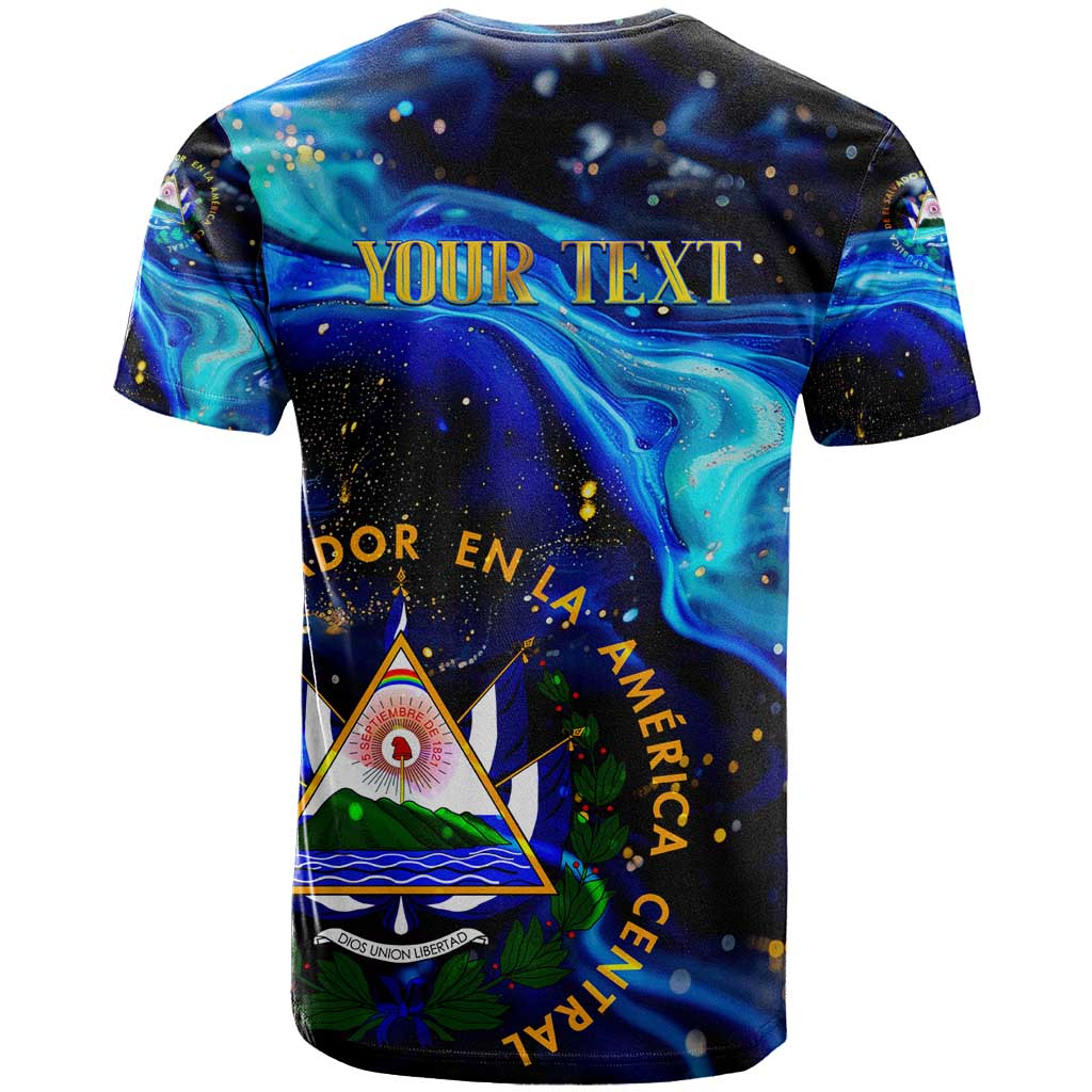 El Salvador Country Pride T-Shirt Map Flag and National Emblem Art in Cosmic Blue Graphic Tee