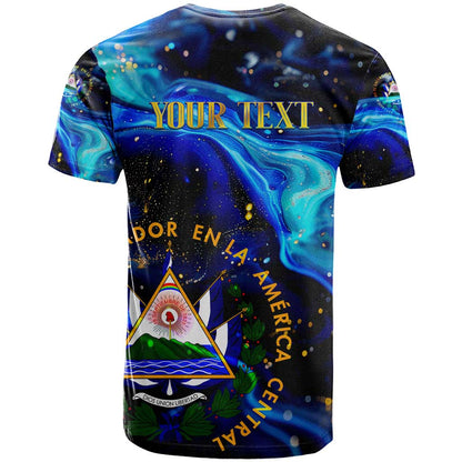 El Salvador Country Pride T-Shirt Map Flag and National Emblem Art in Cosmic Blue Graphic Tee