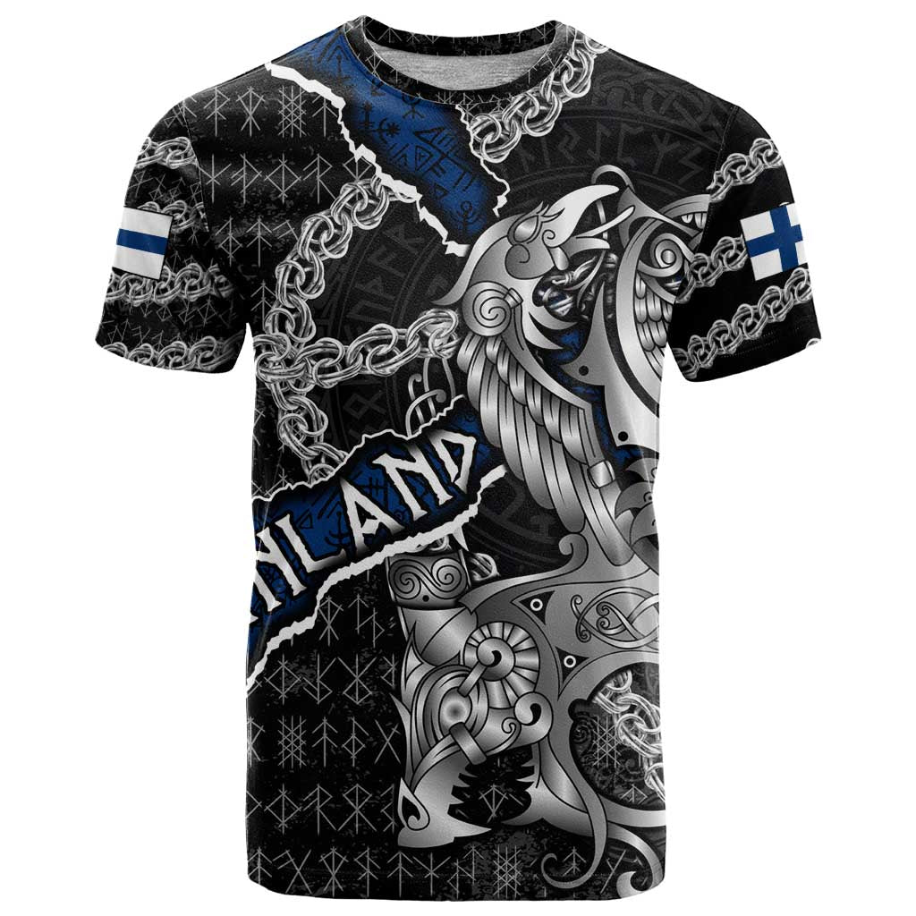 Personalized Finland Vikings T-Shirt Nordic Lion Bound in Runes and Chains Graphic Tee
