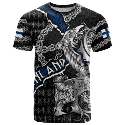 Personalized Finland Vikings T-Shirt Nordic Lion Bound in Runes and Chains Graphic Tee