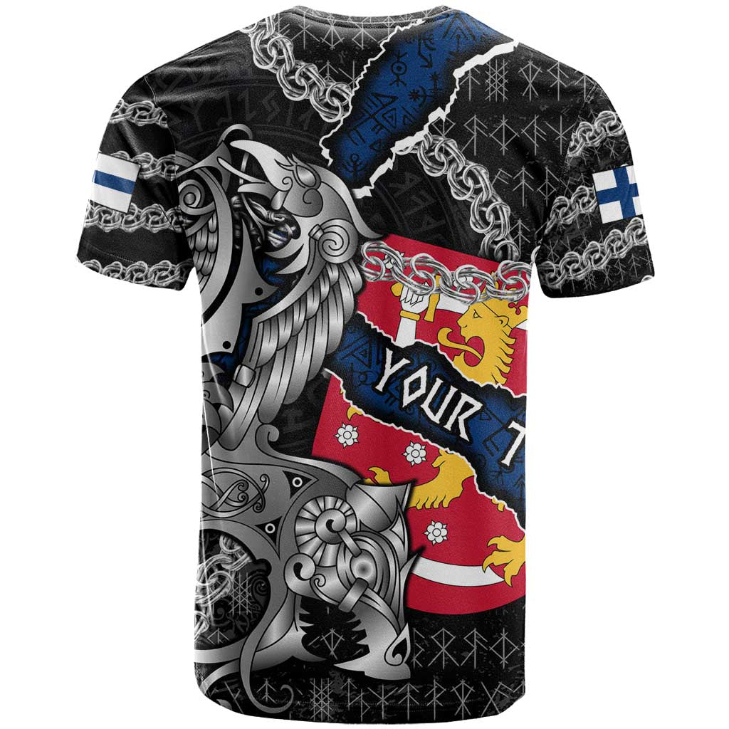 Personalized Finland Vikings T-Shirt Nordic Lion Bound in Runes and Chains Graphic Tee
