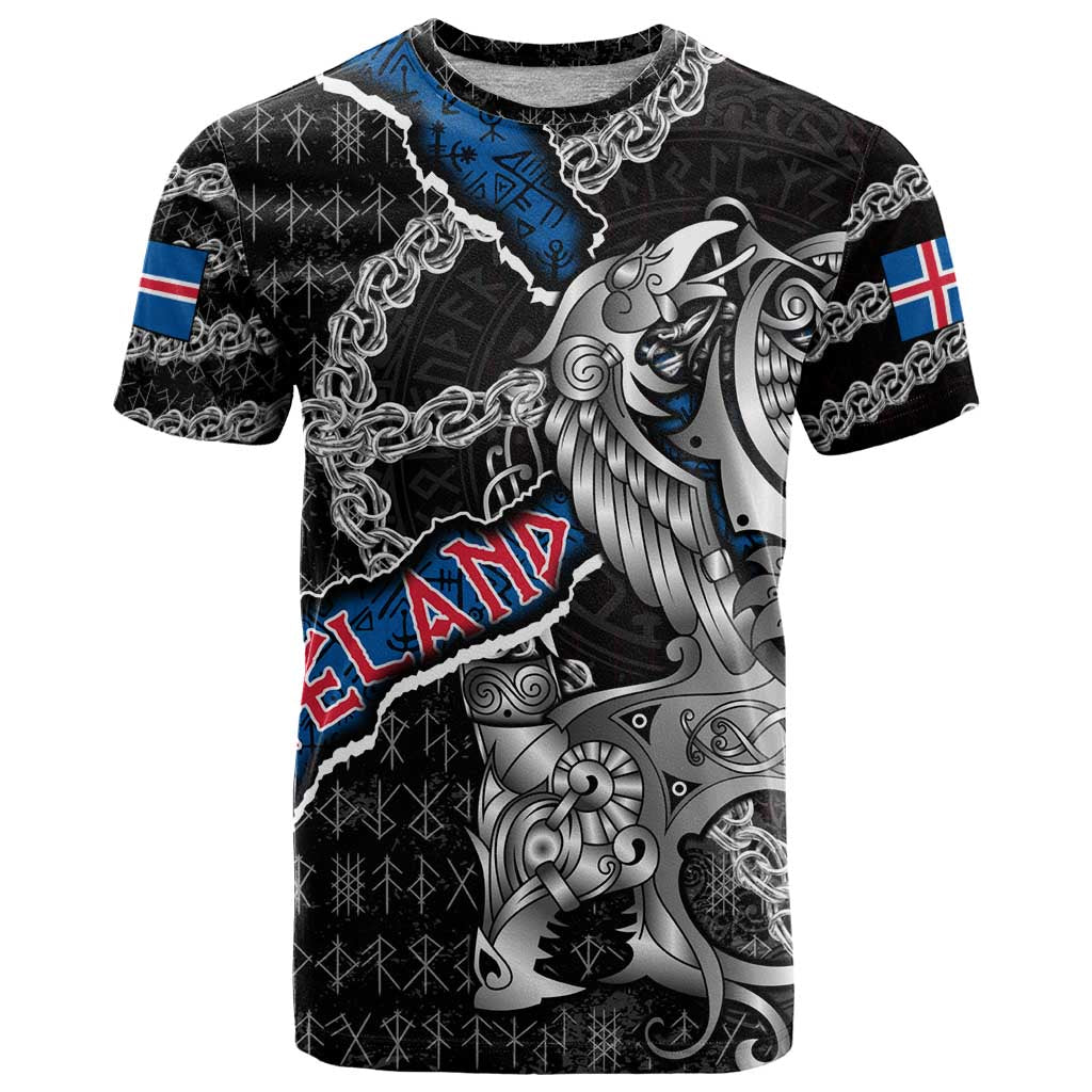 Personalized Iceland Vikings T-Shirt Nordic Lion Bound in Runes and Chains Graphic Tee