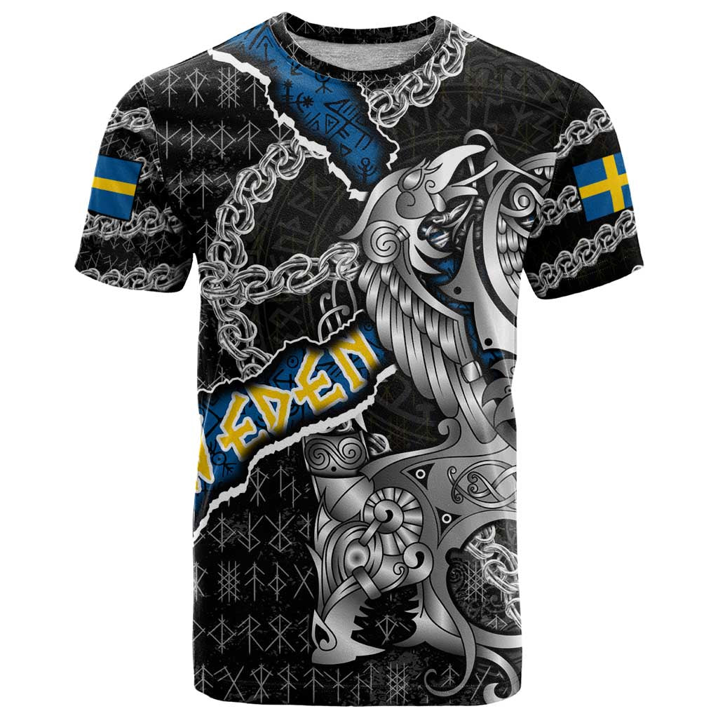 Personalized Sweden Vikings T-Shirt Nordic Lion Bound in Runes and Chains Graphic Tee