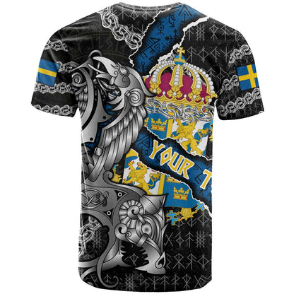 Personalized Sweden Vikings T-Shirt Nordic Lion Bound in Runes and Chains Graphic Tee