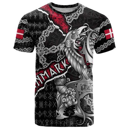 Personalized Denmark Vikings T-Shirt Nordic Lion Bound in Runes and Chains Graphic Tee