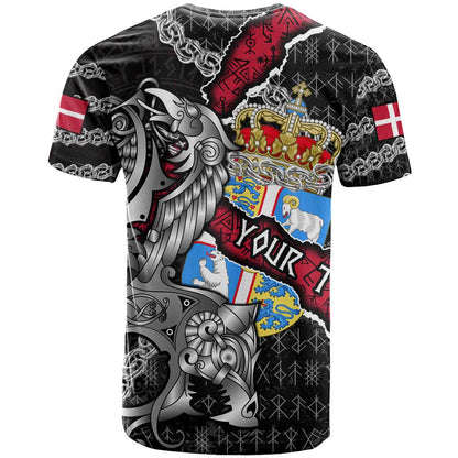 Personalized Denmark Vikings T-Shirt Nordic Lion Bound in Runes and Chains Graphic Tee