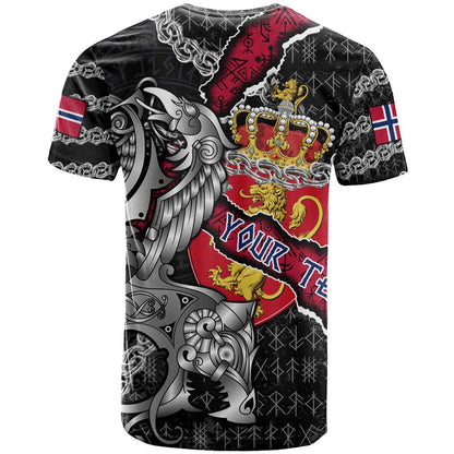 Personalized Norway Vikings T-Shirt Nordic Lion Bound in Runes and Chains Graphic Tee