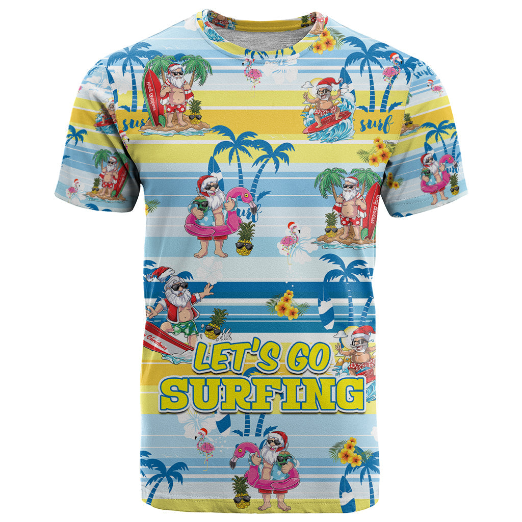 Surfing Christmas T-Shirt Tropical Santa Let's Go Surfing Graphic Tee