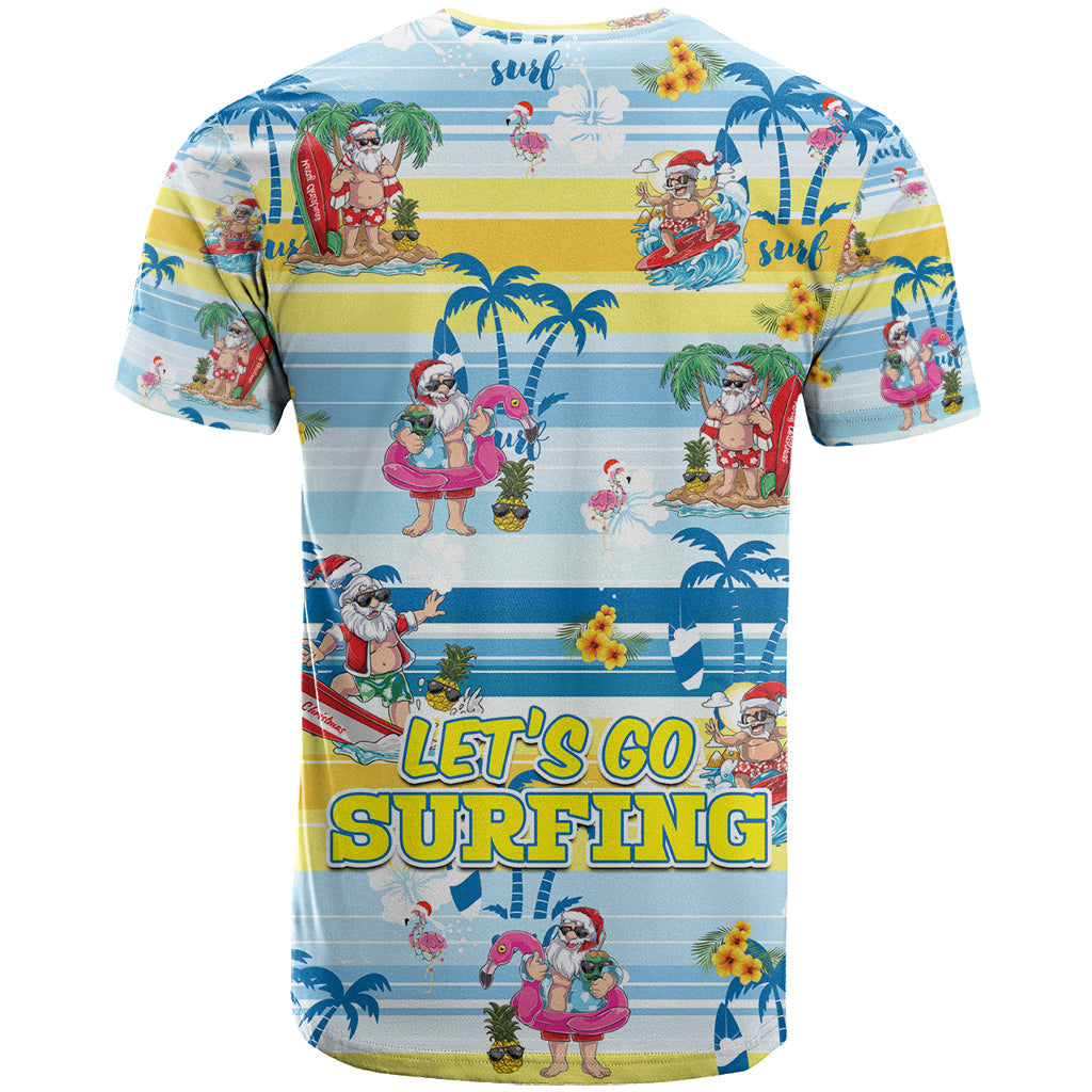 Surfing Christmas T-Shirt Tropical Santa Let's Go Surfing Graphic Tee