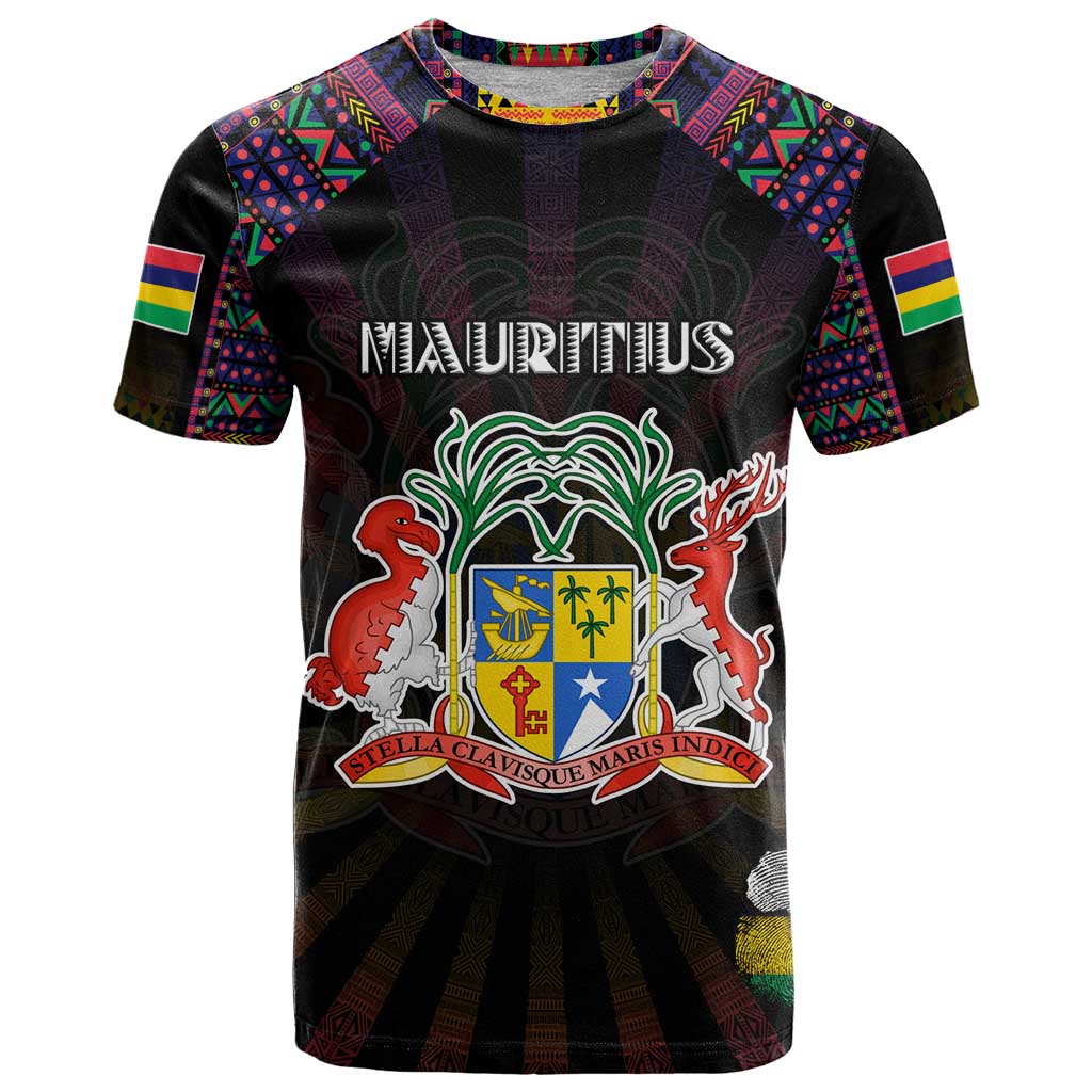 Personalized Mauritius Roots T-Shirt African Map in Fingerprint and Tribal Colors Graphic Tee